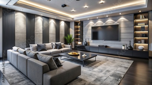 A modern monochrome themed media room with sleek furniture and minimalist decor , contemporary, media room, monochrome, interior design, trendy, modern, stylish, television