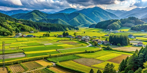 Lush Japanese agricultural landscape with fields ready for harvest in a picturesque countryside setting, agriculture, landscape, fields, harvest, spring, summer, plateau, hometown