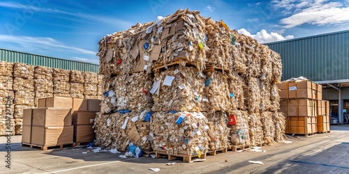 Shredded waste paper and cardboard piled up in front of a recycling facility