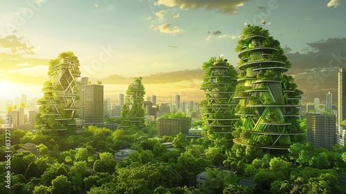Futuristic cityscape with green, sustainable buildings and a river.