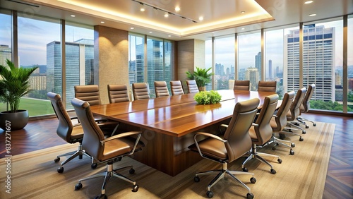 A table surrounded by empty chairs in a spacious conference room, conference, meeting, empty chairs, workspace, business, corporate, interior, furniture, professional, office, workplace