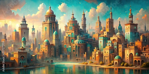 Dreamlike cityscape with light brown and turquoise tones, surreal, urban, fantasy, dreamy, ethereal, pastel, serene, tranquil, buildings, architecture, skyline, abstract, peaceful