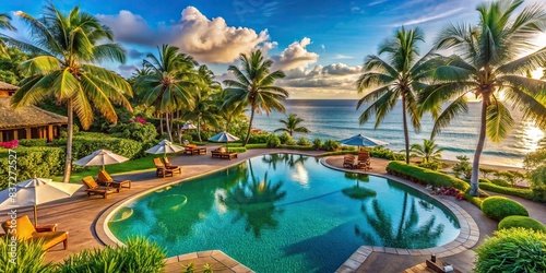 Luxurious beachfront resort swimming pool with lush tropical landscaping