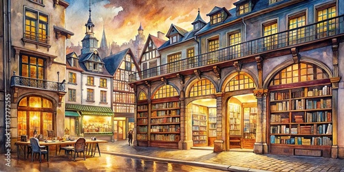 Watercolor of a European city with elegant architecture and a bookstore , Europe, urban, cityscape, architecture, watercolor, drawing, European, bookstore, shopping, book, store, building