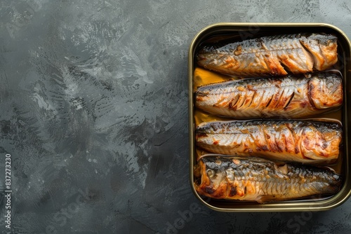 Close up and top view of smoked canned sardine in a tin over gray background, space for text. Tinned fish as a convenient, fast, healthy food and source of omega-3 fatty acids, protein and vitamin D
