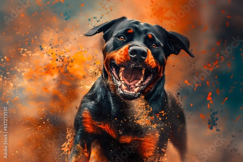 A rottweiler in full roar, charging forward with a fierce expression. Captured in a dynamic colours. Splashes and splatters around the rottweiler suggest its swift movement and wild energy