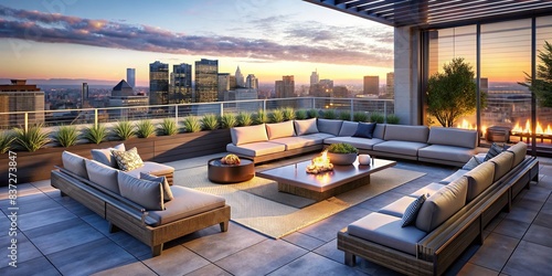 Contemporary rooftop terrace with panoramic views, lounge seating, and fire pit, rooftop, terrace, panoramic views, lounge seating, fire pit, modern, urban, cityscape, relaxation