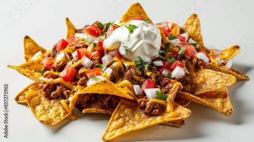 Detailed image of a serving of loaded nachos with cheese and sour cream, high resolution, isolated on white background, unhealthy fats