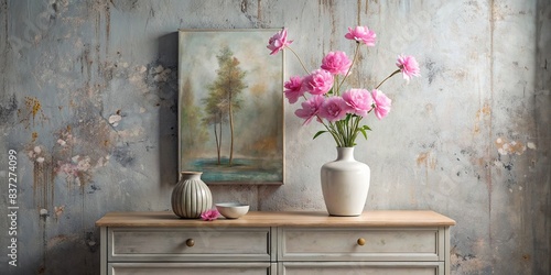 Painting of a pink flower on a dresser near white, Wabi-sabi inspired still life , pink, flower, painting, dresser, Wabi-sabi, still life, interior, decor, art, minimalist, rustic