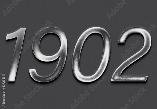 Chrome metal 3D number design of 1902 on grey background.