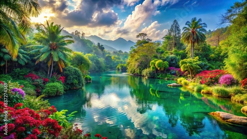 Eternal paradise A serene natural landscape with vibrant colors and lush greenery , tranquil, scenic, picturesque, tranquil, serene, lush, beautiful, natural, landscape, paradise, eternal