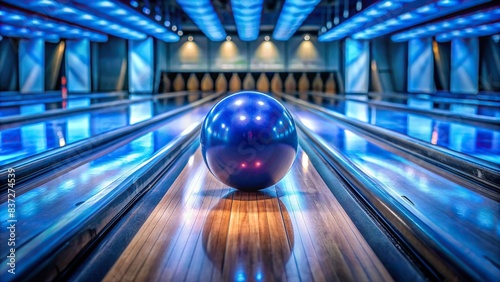 Blurry blue bowling ball rolling down a lane in a bowling alley , motion blur, speed, strike, sport, recreation, game, competition, leisure, activity, pins, alley, bowling ball, blue