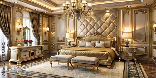 Luxurious bedroom interior with gold decorations, a modern and prestigious design featuring a king-size bed, luxury, bedroom, interior design, gold decorations, modern, prestige