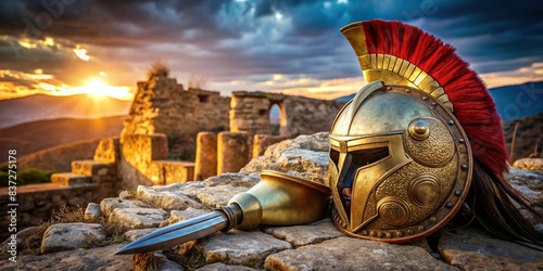 A helmet and shield of a courageous Spartan warrior resting on ancient ruins , Spartan, warrior, courage, brave, helmet, shield, ancient, ruins, Greek, soldier, history, armor, military