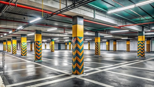 Empty underground parking garage with concrete columns and stripe painting