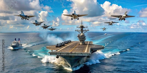 Panoramic view of a military aircraft carrier ship with fighter jets take off during a special operation , military, aircraft carrier, ship, fighter jets, take off