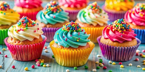 Colorful cupcakes with sprinkles perfect for a party celebration, cupcakes, colorful, sprinkles, dessert, sweet, treat, bakery, celebration, party, delicious, bright, festive