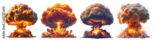 Set of nuclear explosion with a cloud of smoke. Hydrogen Bomb. Detonating thermonuclear bomb. Isolated on white and transparent background