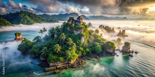 Mysterious island paradise shrouded in dense fog, featuring lush jungles, pristine beaches, and ancient ruins holding untold treasures and mysteries waiting to be uncovered by explorers