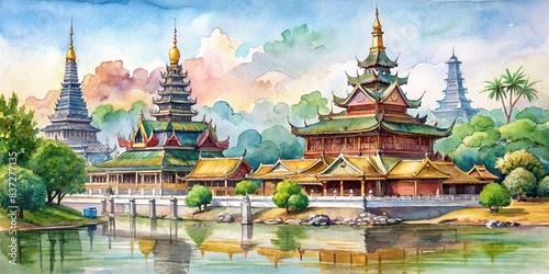Watercolor and line drawing of temples and pagodas along the river