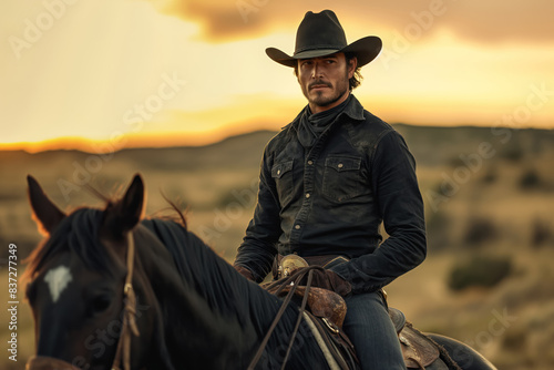 rugged cowboy in black attire on horseback during golden sunset in desert landscape