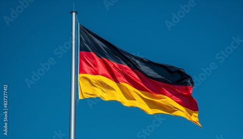Flag of Germany waving in the wind. Blue sky background.