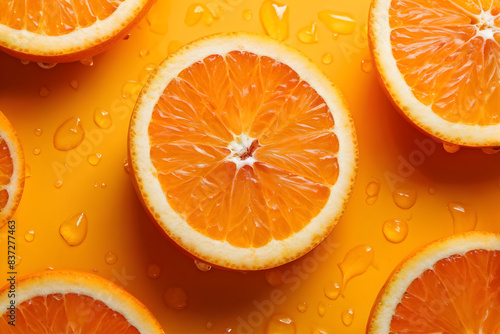 Citrus freshness. Close-Up of dewy orange slices on matching vibrant backdrop