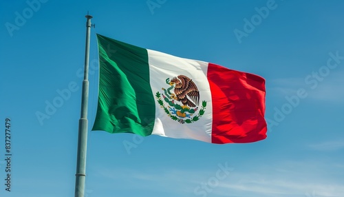 Flag of Mexico waving in the wind. Blue sky background.