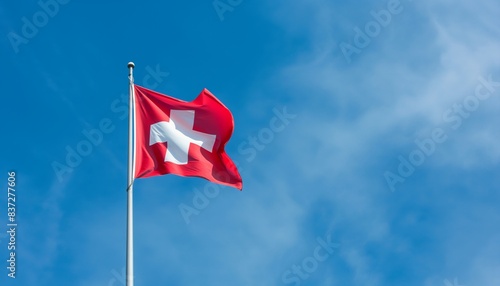 Flag of Switzerland waving in the wind. Blue sky background.