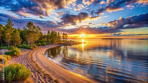 Mesmerizing view of midnight sun over Bothnian Gulf beach in Oulu, Finland , Midnight sun, summer solstice, Oulu, Finland, Bothnian Gulf, mesmerizing, view, beach, picturesque, vista, nature