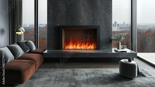 A high-tech fireplace with AI-regulated flames and temperature settings, surrounded by cozy seating and sleek design elements, creating a warm and inviting focal point in the home interior.