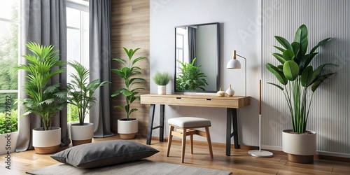 Minimalist bedroom decor featuring a big mirror, sleek dressing table, green plant, and wooden stool in black and white color scheme