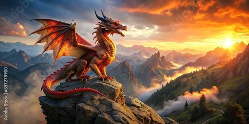 Fiery dragon perched on a rocky cliff in the mountains