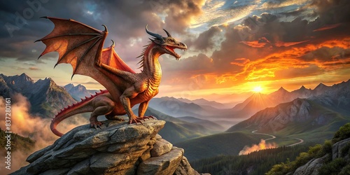 Fiery dragon perched on a rocky cliff in the mountains