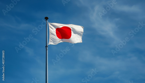 Flag of Japan waving in the wind. Blue sky background.