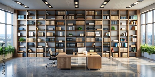 An empty office space with a shelf filled with books on business management and leadership, symbolizing wisdom in the workplace