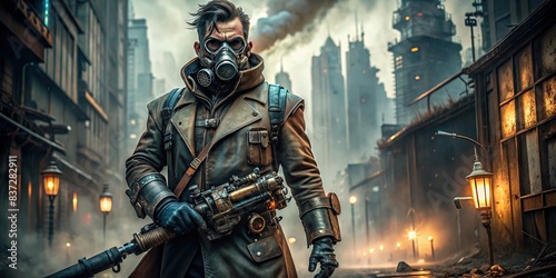 Masked dieselpunk man with mechanical arm in apocalyptic urban setting