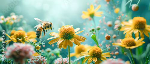 A bee gathering honey from a chamomile flower in summer