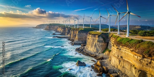 Wind turbines on rocky coastal cliffs with ocean in background