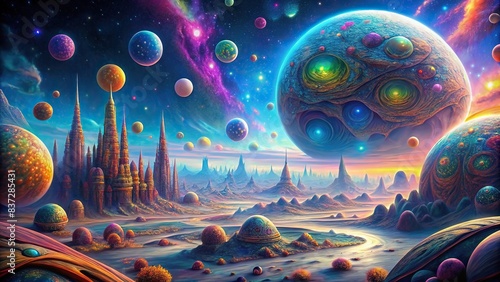 Futuristic alien world with vibrant colors and intricate patterns in a space setting