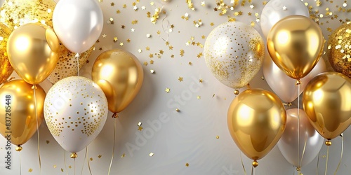 Festive celebrations backdrop with shiny helium balloons and golden confetti for birthday greeting card mockup