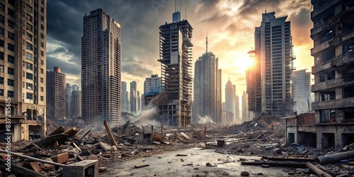 Collapsed cityscape with damaged skyscrapers and debris strewn streets