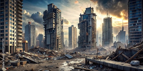 Collapsed cityscape with damaged skyscrapers and debris strewn streets