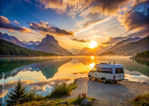 Sunrise campervan parked by a mountain lake with a view of the sun rising over the water, campervan, caravan, van life, holiday, mobile home, camper, outdoor, nomad lifestyle, camper van