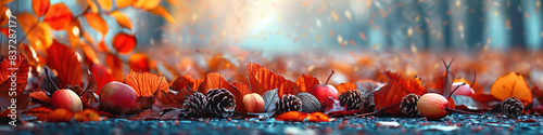 Autumn Leaves, Pine Cones, and Apples on Ground with Blurred Background.