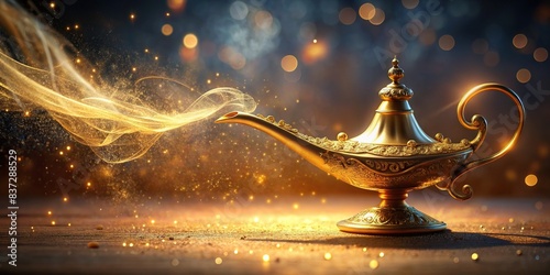 Arabian genie lamp emitting a mystical golden swirl of shining sparks and smoke