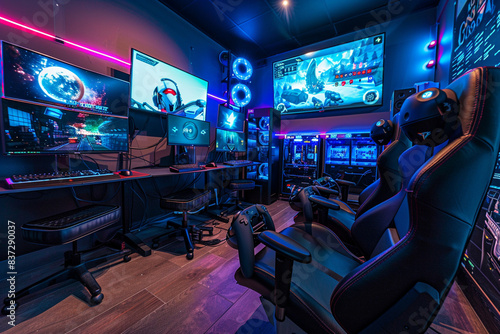 A gaming room with AI-enhanced gaming consoles, immersive virtual reality setups, and motion-sensing controllers, offering an interactive gaming experience tailored to individual preferences.