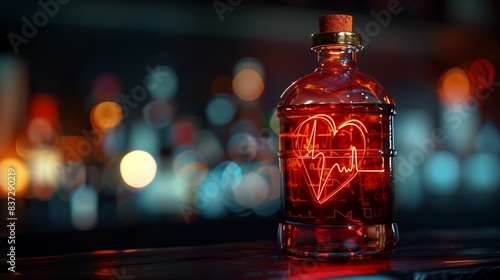 A bottle with a person's heartbeat visible through the glass, representing the emotional connection to the object, captured in high-definition.