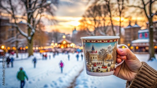 Hand holding winter wonderland cup with blurred Hyde Park background