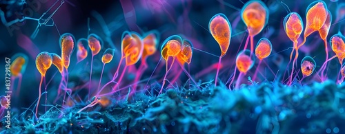 Vibrant Microscopic View of Fungal Threads. Fluorescent Fungal Hyphae in Detail. Colorful Fungi Filaments Under Magnification